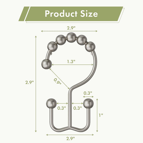 AmazerBath Matte Nickel metal double shower curtain hooks, set of 12, product detail view in Modern style.