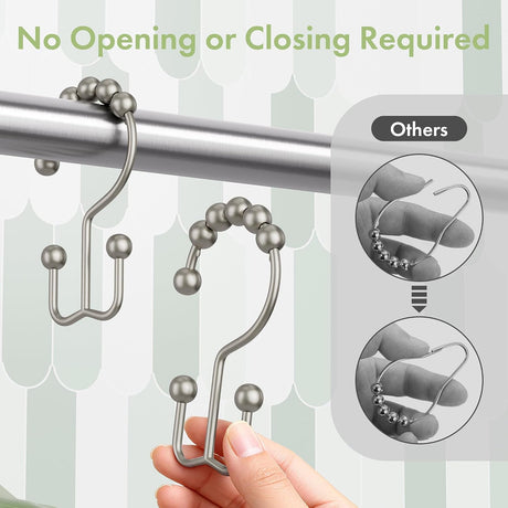 AmazerBath Matte Nickel metal double shower curtain hooks, set of 12, product detail view in Modern style.