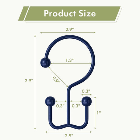 AmazerBath Navy Blue metal double shower curtain hooks, set of 12, product detail view in Minimalist style.