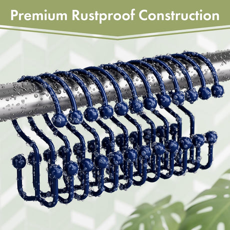 AmazerBath Navy Blue metal double shower curtain hooks, set of 12, product detail view in Minimalist style.