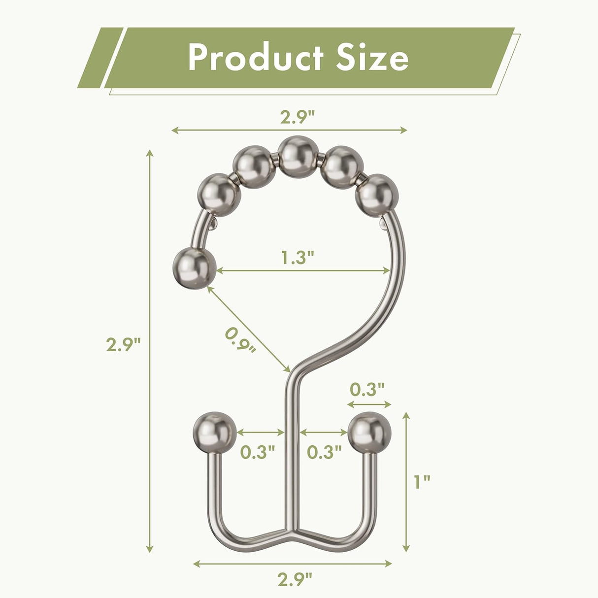 AmazerBath Nickel metal double shower curtain hooks, set of 12, product detail view in Modern style.