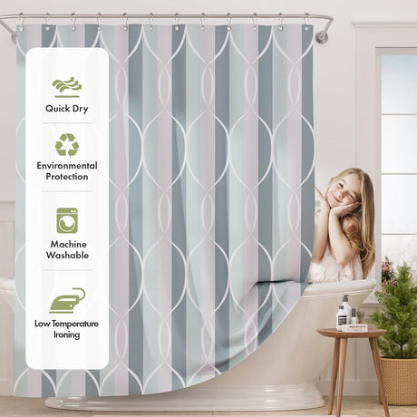 AmazerBath Modern Link Geometric Shower Curtain with 12 Rings in Green-Grey, product gallery view highlighting the design ...