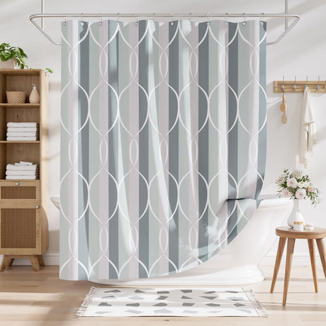 AmazerBath Modern Link Geometric Shower Curtain with 12 Rings in Green-Grey, product gallery view highlighting the design ...