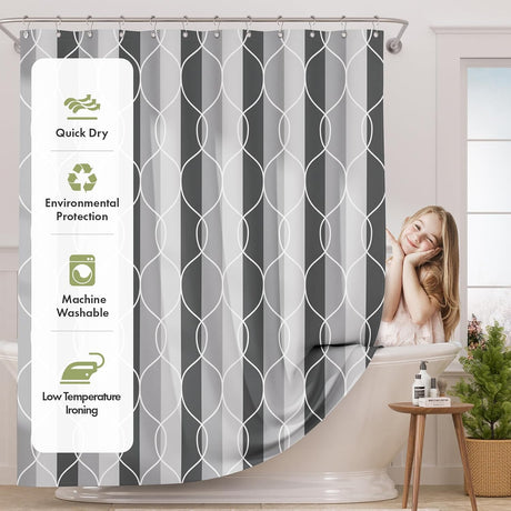 AmazerBath Modern Link Geometric Shower Curtain with 12 Rings in Grey, product gallery view highlighting the design and fi...
