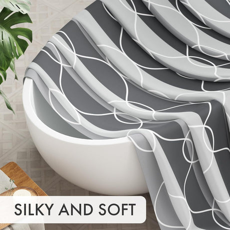 AmazerBath Modern Link Geometric Shower Curtain with 12 Rings in Grey, product gallery view highlighting the design and fi...