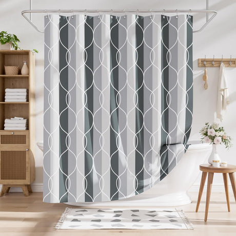 AmazerBath Modern Link Geometric Shower Curtain with 12 Rings in Grey, product gallery view highlighting the design and fi...