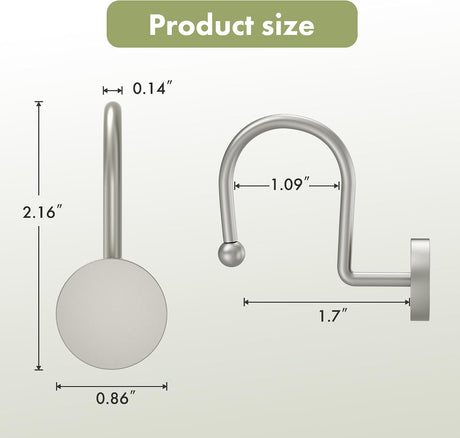 AmazerBath Modern Round Shower Curtain Hooks, Set of 12 in Matte Nickel, product detail image.
