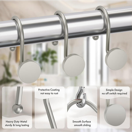 AmazerBath Modern Round Shower Curtain Hooks, Set of 12 in Matte Nickel, product detail image.