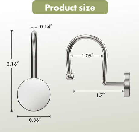 AmazerBath Modern Round Shower Curtain Hooks, Set of 12 in Nickel, product detail image.