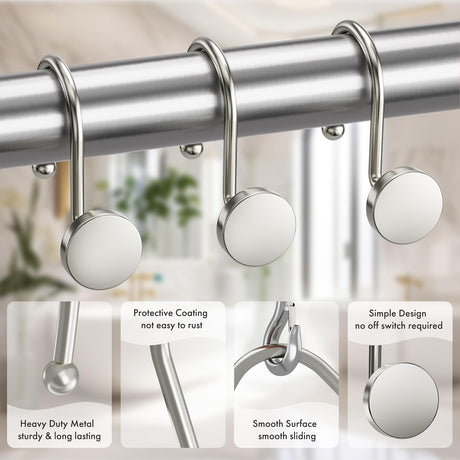 AmazerBath Modern Round Shower Curtain Hooks, Set of 12 in Nickel, product detail image.