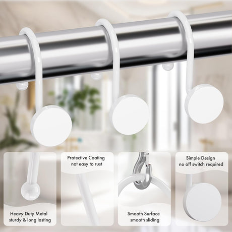 AmazerBath Modern Round Shower Curtain Hooks, Set of 12 in White, product detail image.