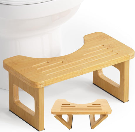 AmazerBath natural bamboo foldable toilet stool in front of a white toilet, with an inset showing the legs folding inward.