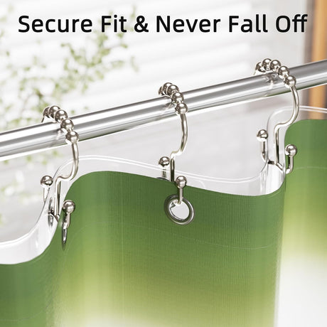 Nickel metal double shower curtain hooks securely holding a green curtain and white liner on a shower rod.