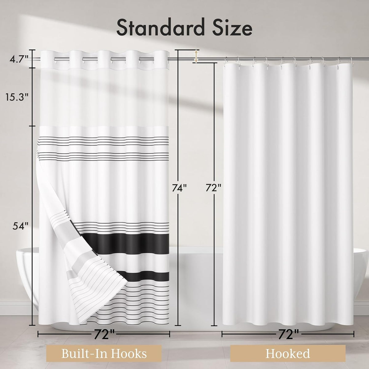 Black striped AmazerBath hookless shower curtain size diagram with built-in rings and detachable liner.