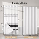 Black striped AmazerBath hookless shower curtain size diagram with built-in rings and detachable liner.
