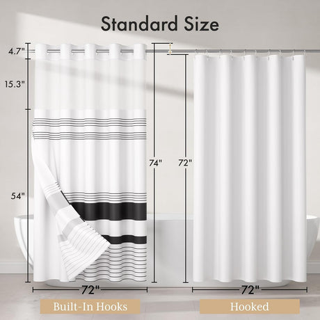 AmazerBath Hookless Boho Shower Curtain with Detachable Liner in Black, product detail image.