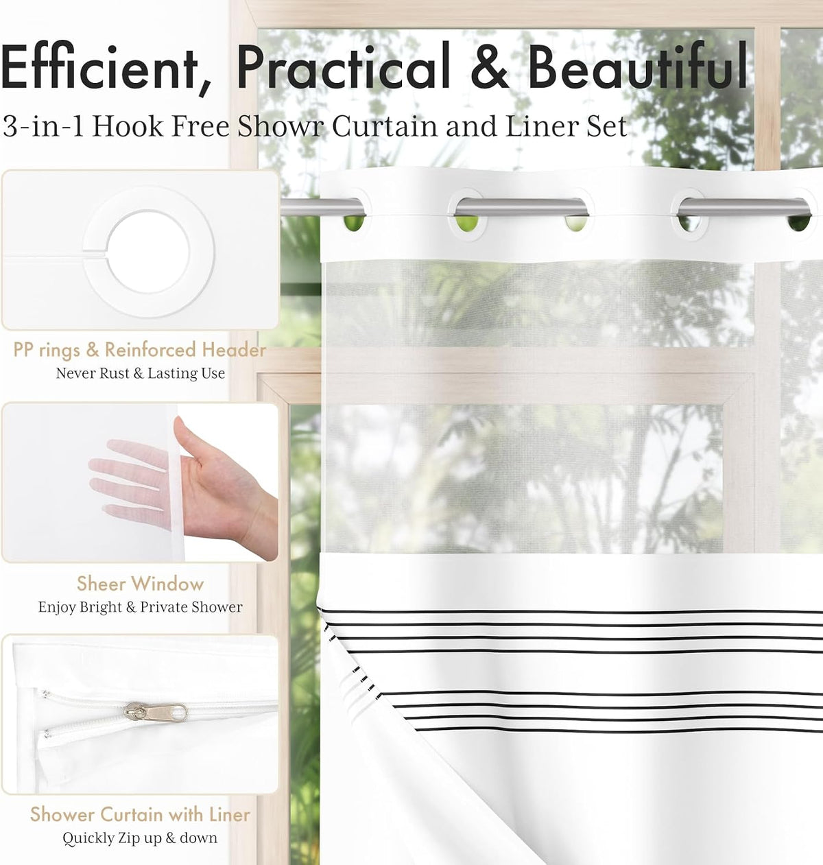Reinforced edge and durable stitching on the Hookless Boho Shower Curtain with Detachable Liner in black.