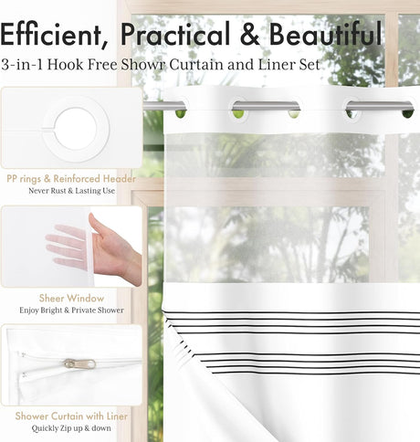 AmazerBath Hookless Boho Shower Curtain with Detachable Liner in Black, product detail image.