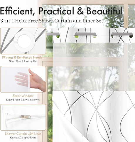 AmazerBath Hookless Boho Shower Curtain with Detachable Liner in Grey, product detail image.