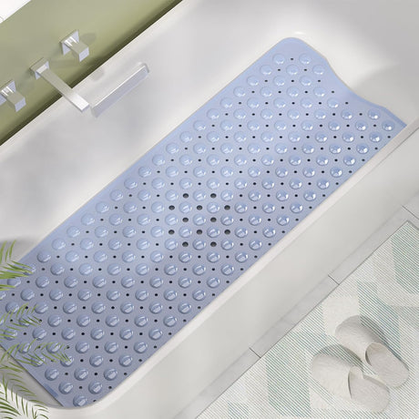 Blue AmazerBath non-slip bathtub mat installed inside a white tub with suction cups securing the underside.