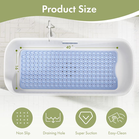 Non-slip surface, suction cups, and drainage details on the Non-Slip Bathtub Mat, 40 x 16 Inches.
