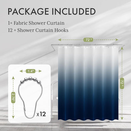 AmazerBath Ombre Shower Curtain with 12 Rings in Blue, product detail image highlighting the design and key features.