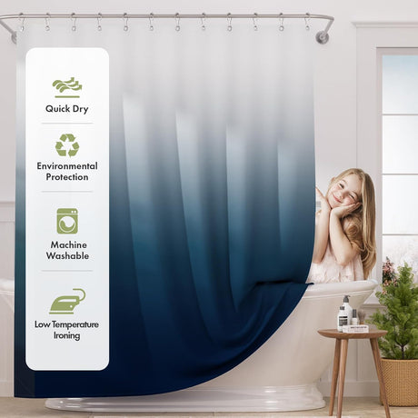 AmazerBath Ombre Shower Curtain with 12 Rings in Blue, product detail image highlighting the design and key features.
