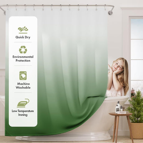 AmazerBath Ombre Shower Curtain with 12 Rings in Green, product detail image highlighting the design and key features.
