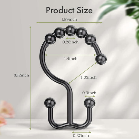 AmazerBath Black plastic double shower curtain hooks, set of 12, product detail view.