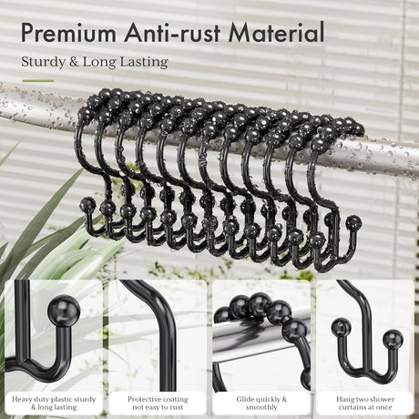 AmazerBath Black plastic double shower curtain hooks, set of 12, product detail view.