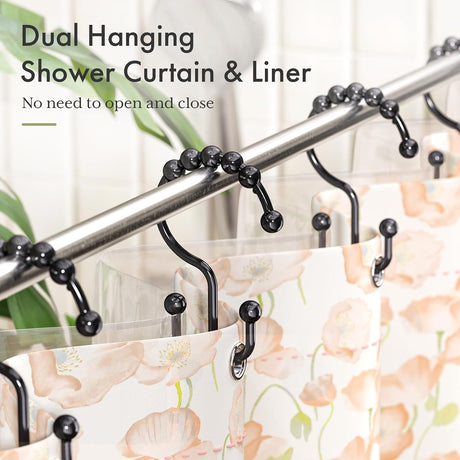 AmazerBath Black plastic double shower curtain hooks, set of 12, product detail view.