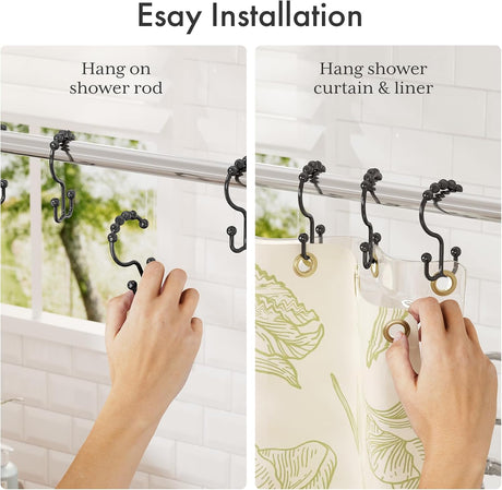 AmazerBath Black plastic double shower curtain hooks, set of 12, product detail view.