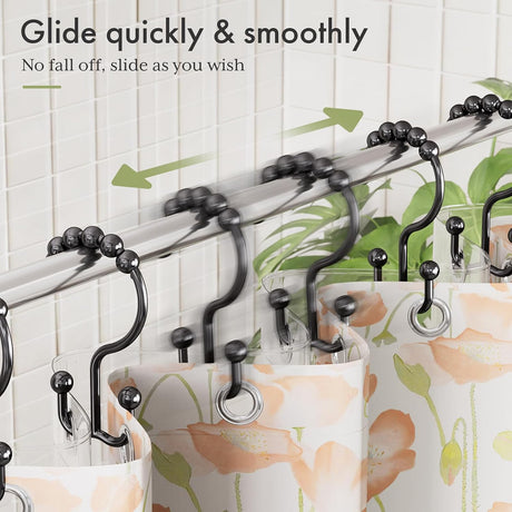 AmazerBath Black plastic double shower curtain hooks, set of 12, product detail view.