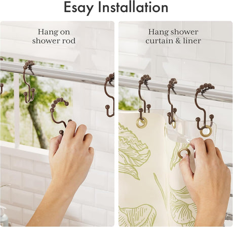 AmazerBath Brown plastic double shower curtain hooks, set of 12, product detail view.