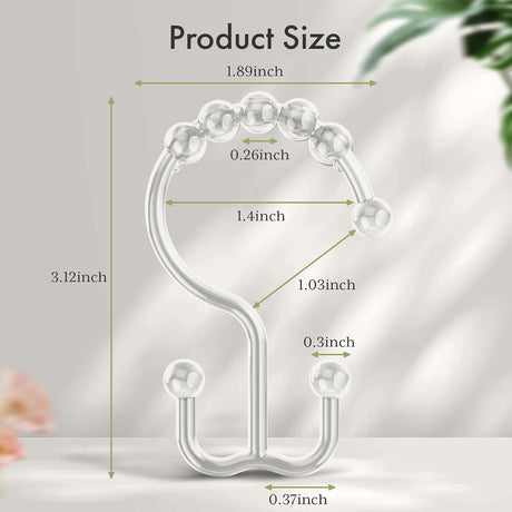 AmazerBath Clear plastic double shower curtain hooks, set of 12, product detail view.