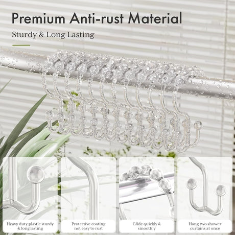 AmazerBath Clear plastic double shower curtain hooks, set of 12, product detail view.
