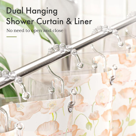 AmazerBath Clear plastic double shower curtain hooks, set of 12, product detail view.