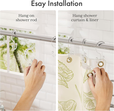 AmazerBath Clear plastic double shower curtain hooks, set of 12, product detail view.