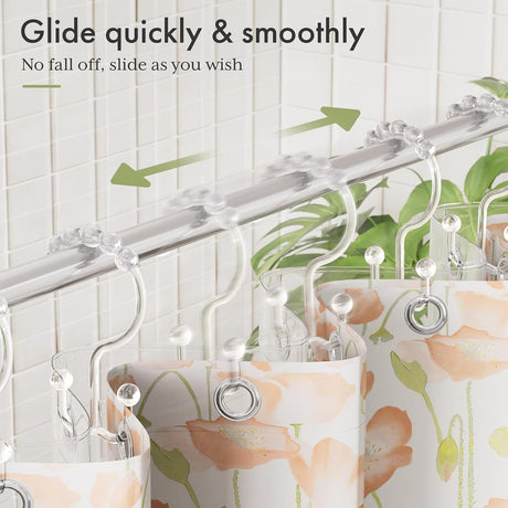 AmazerBath Clear plastic double shower curtain hooks, set of 12, product detail view.