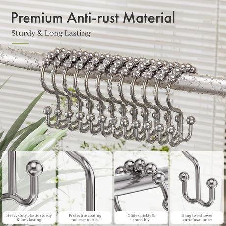 AmazerBath Nickel plastic double shower curtain hooks, set of 12, product detail view.