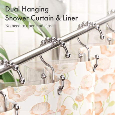 AmazerBath Nickel plastic double shower curtain hooks, set of 12, product detail view.