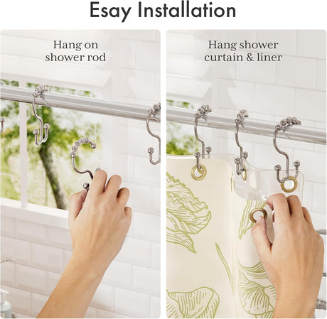 AmazerBath Nickel plastic double shower curtain hooks, set of 12, product detail view.