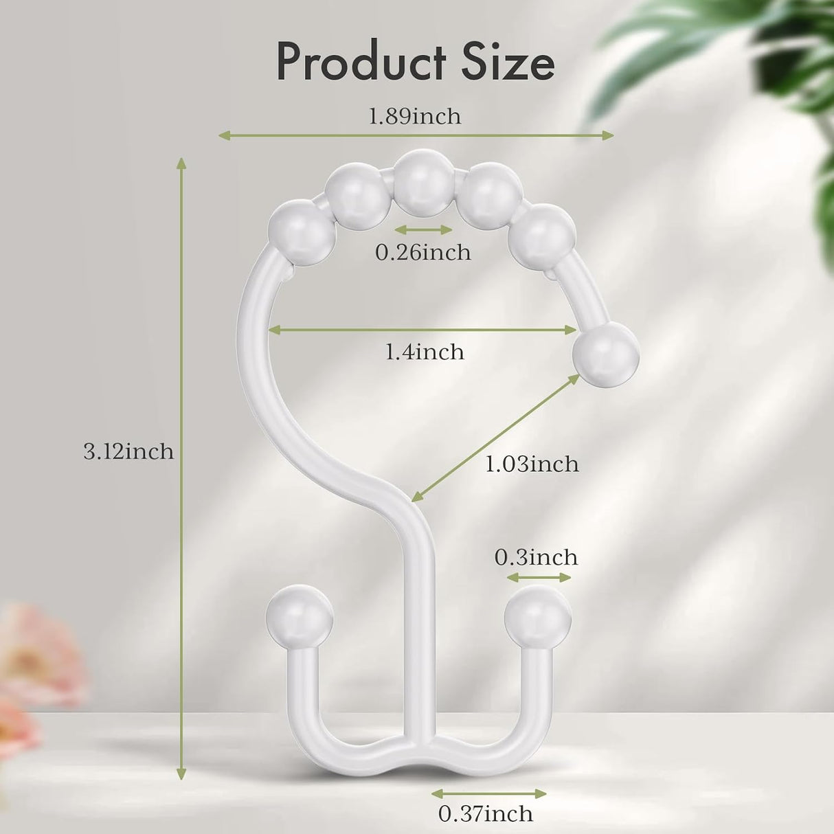 AmazerBath White plastic double shower curtain hooks, set of 12, product detail view.