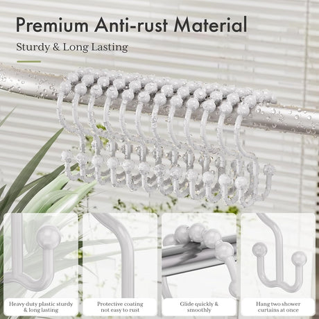 AmazerBath White plastic double shower curtain hooks, set of 12, product detail view.