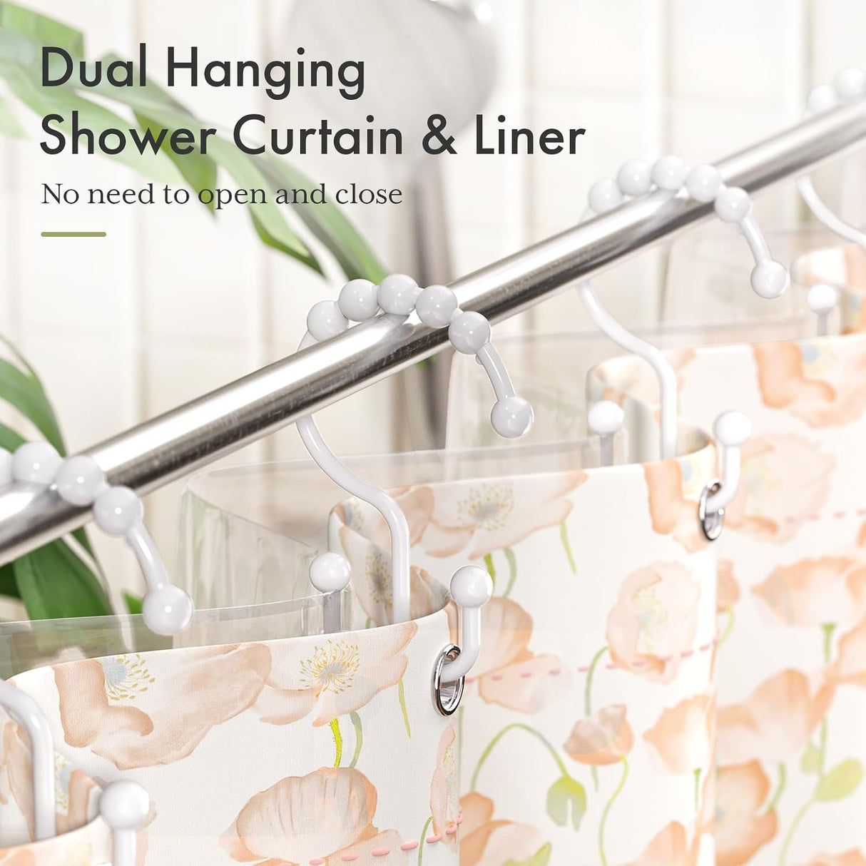 AmazerBath White plastic double shower curtain hooks, set of 12, product detail view.