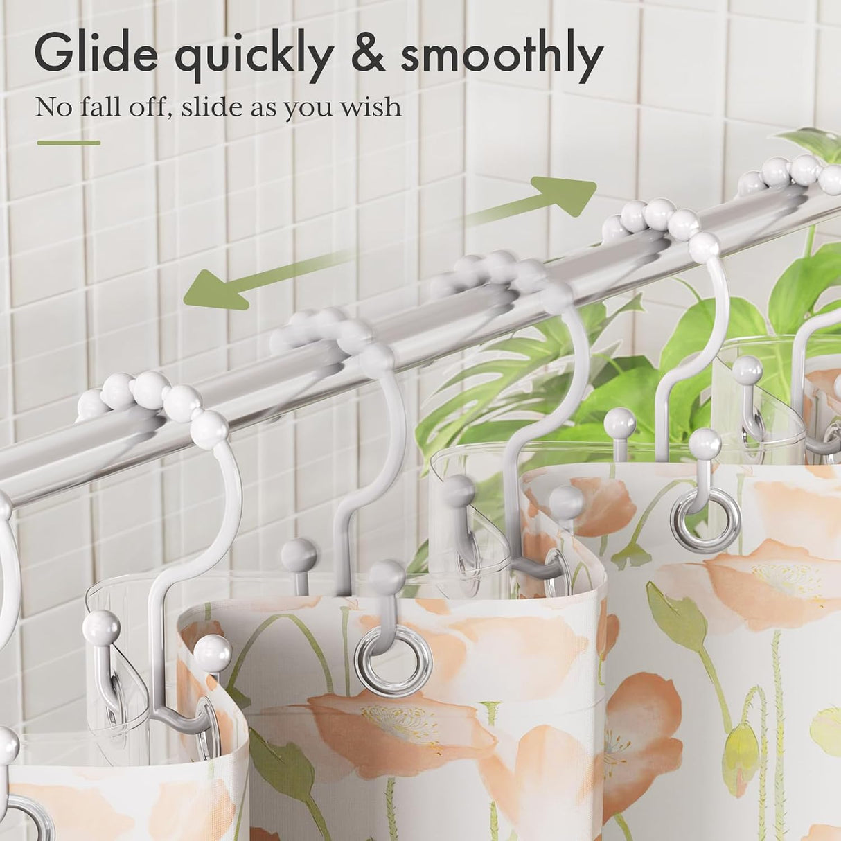 AmazerBath White plastic double shower curtain hooks, set of 12, product detail view.