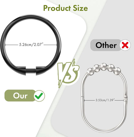 AmazerBath black plastic shower curtain ring dimensions with snap closure and smooth round profile.