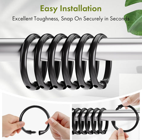 AmazerBath black plastic shower curtain rings with flexible snap-on installation for curtains and liners.