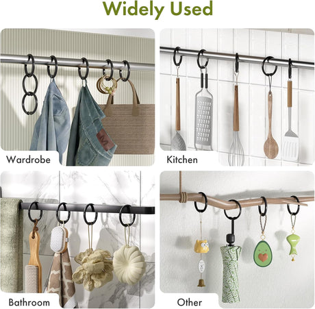 AmazerBath black plastic shower curtain rings used for bathroom, kitchen, wardrobe, and household hanging.