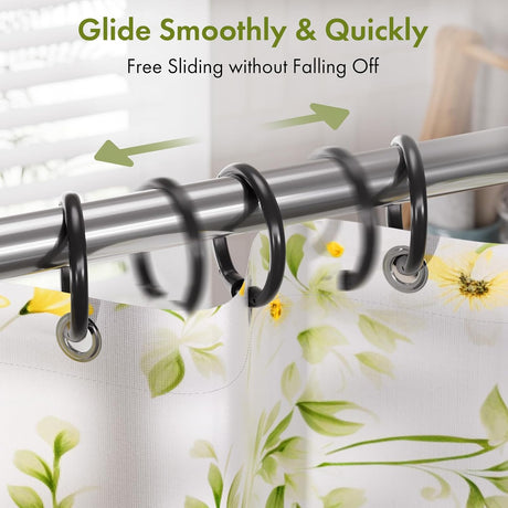 AmazerBath black plastic shower curtain rings gliding smoothly along a shower curtain rod.
